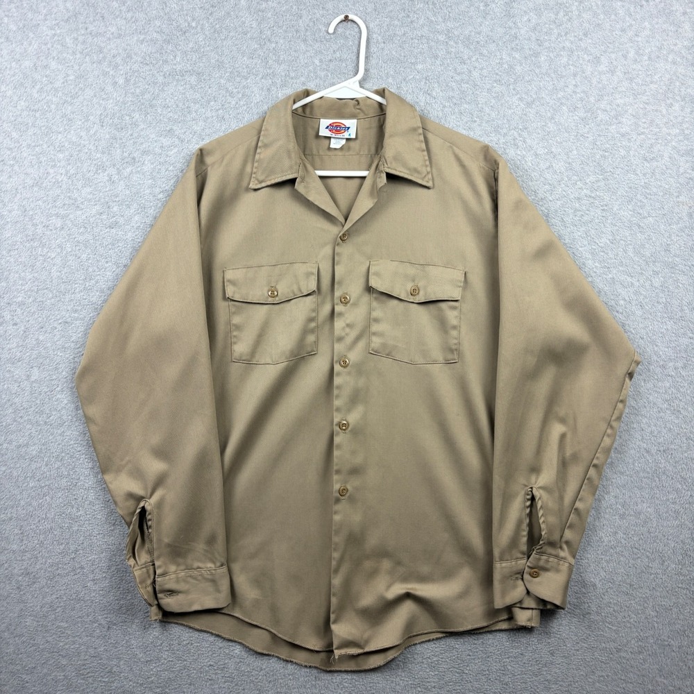 Vintage Dickies Shirt Mens Large Khaki Twill Two Pocket Camp Collar Work USA 90s